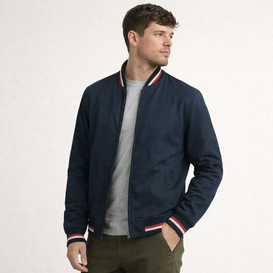 Men's Zip-Up Bomber Jacket with Ribbed Collar
