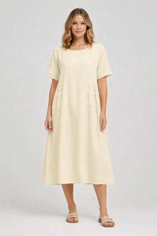 Loose A-Line Cotton Linen Short Sleeve Midi Dress
