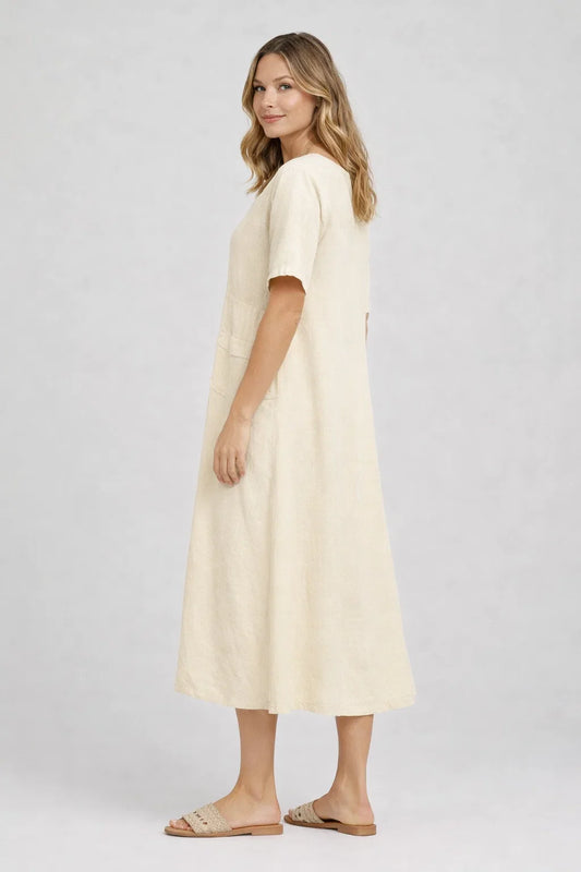 Loose A-Line Cotton Linen Short Sleeve Midi Dress