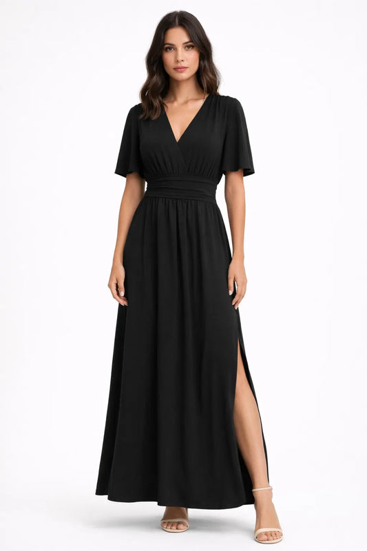 V-Neck High Waist Side Slit Flowing Maxi Dress