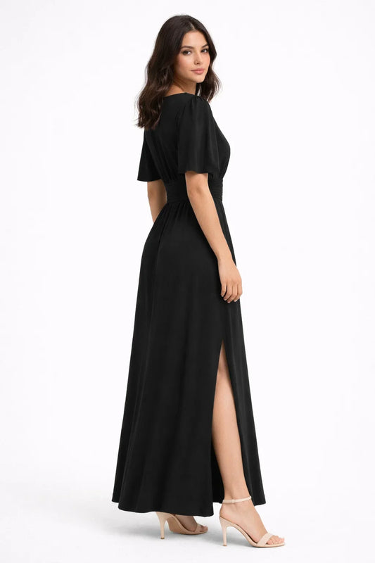 V-Neck High Waist Side Slit Flowing Maxi Dress