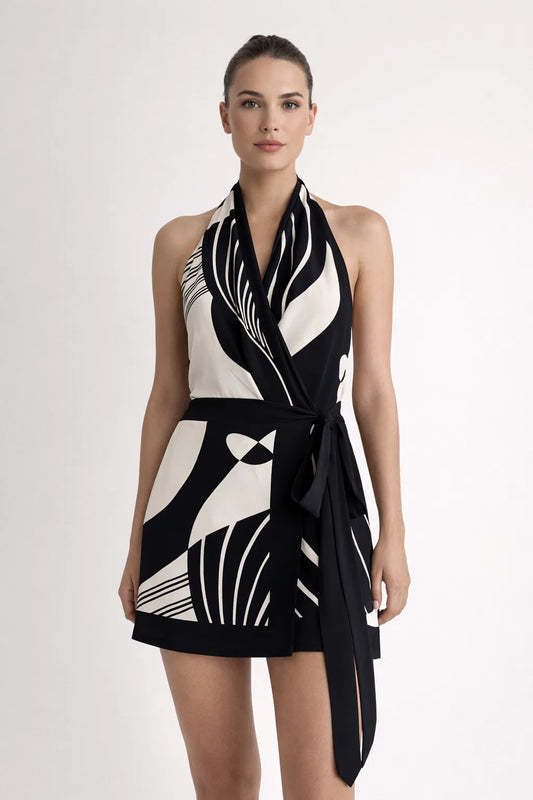 Abstract Print Satin Halter Wrap Mini Dress