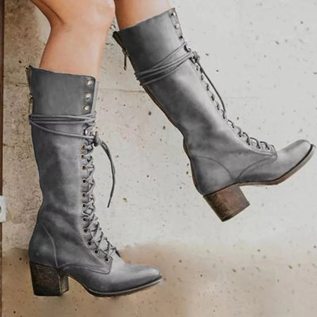 Women's Pointed Toe Block Heel Lace Up Combat Boots