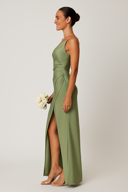 Satin Finish One Shoulder Maxi Dress With High Slit