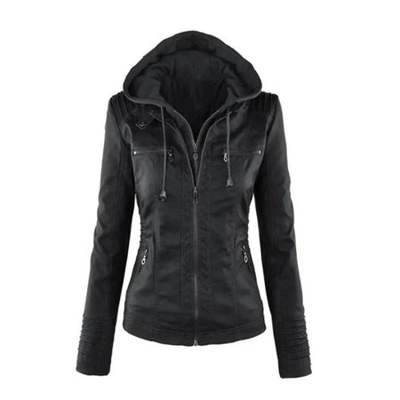 Women's Faux Leather Biker Jacket With Detachable Hood