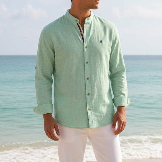 Tailored Long Sleeve Cotton Blend Shirt with Mandarin Collar