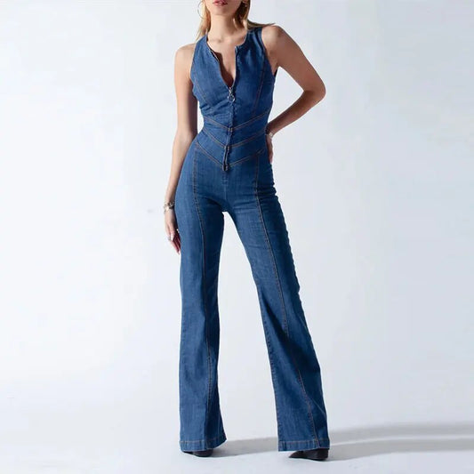 Flared Sleeveless Denim Jumpsuit for Women