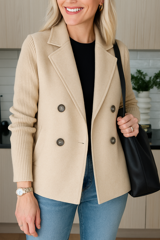 Elegant Double-Breasted Knit Sleeve Blazer - Clara