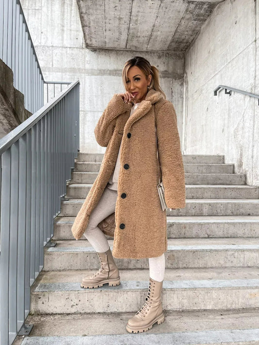 Cosy Plush Fabric Longline Trench Coat