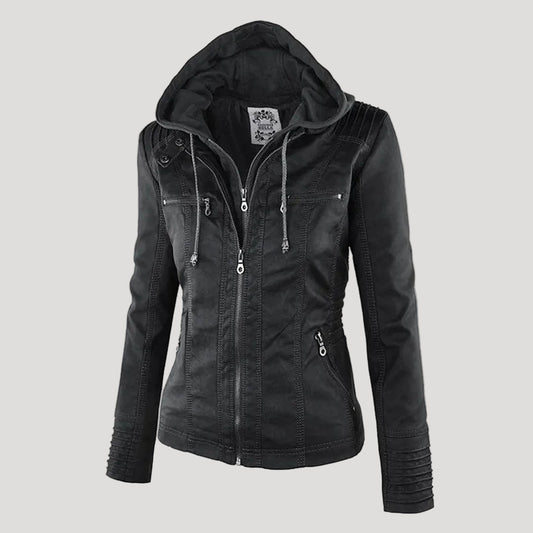 Women's Hooded Faux Leather Jacket with Zip and Button Placket