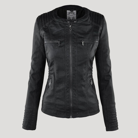 Women's Hooded Faux Leather Jacket with Zip and Button Placket