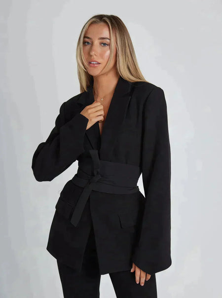 Women's Belted Wide Sleeve Tailored Blazer