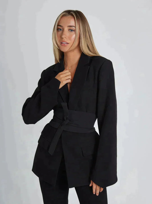 Women's Belted Wide Sleeve Tailored Blazer