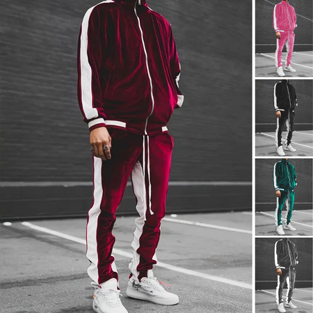 Men's Soft Velvet Full-Zip Two-Piece Tracksuit Set