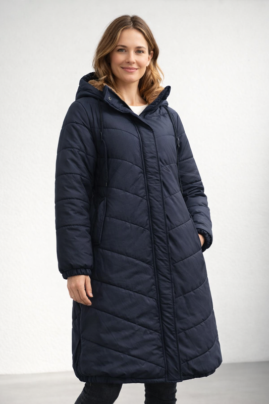 Long Quilted Hooded Coat With Pockets