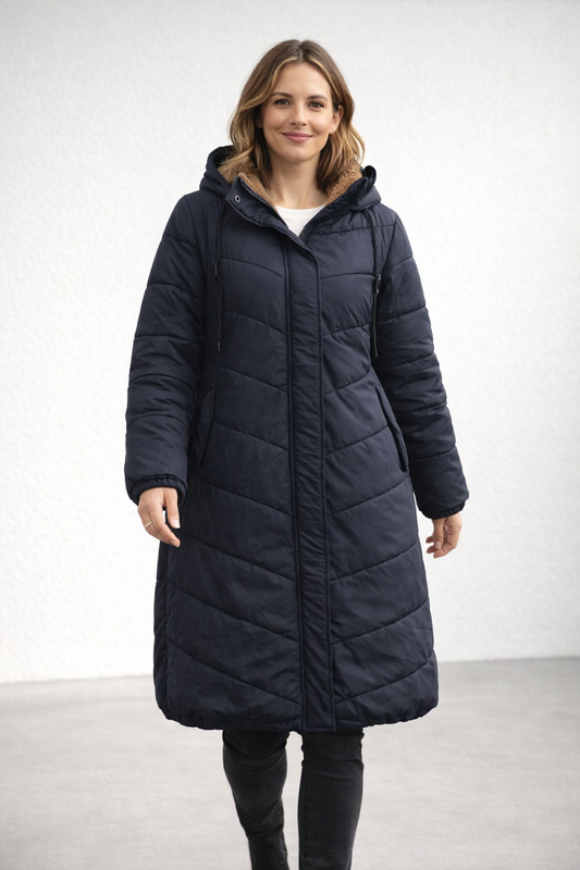 Long Quilted Hooded Coat With Pockets