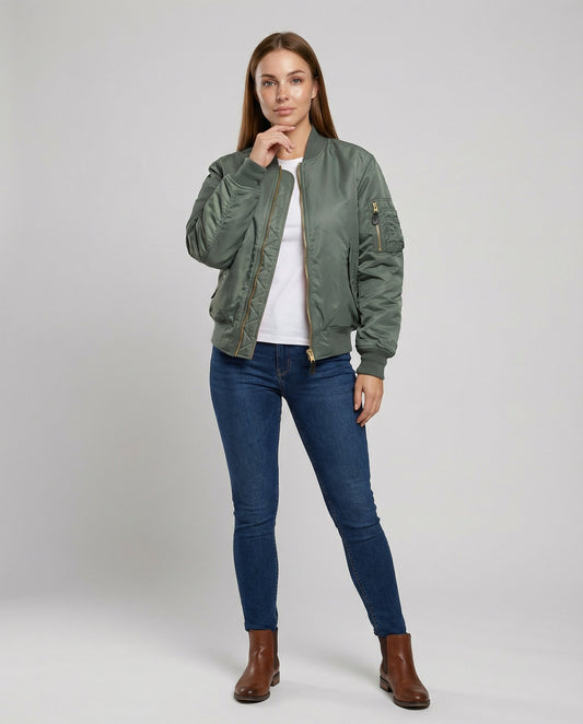 Women's Classic Lined Bomber Jacket with Ribbed Trim