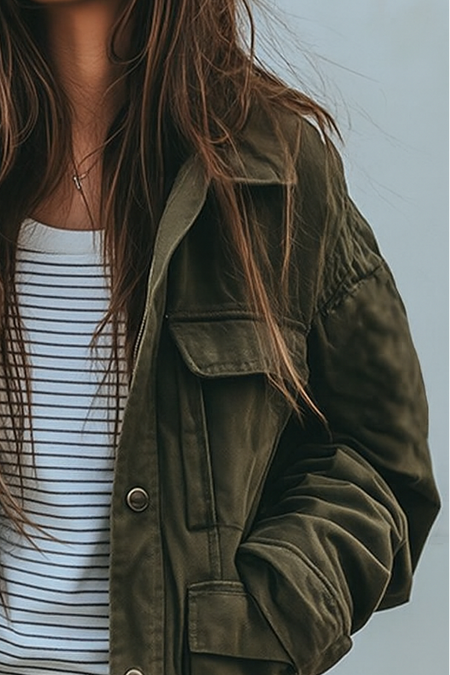 Women's Relaxed Military Utility Jacket With Pockets