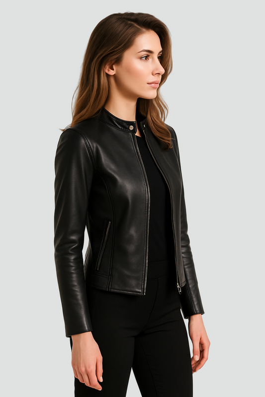 Women's Cropped Faux Leather Zip-Up Jacket