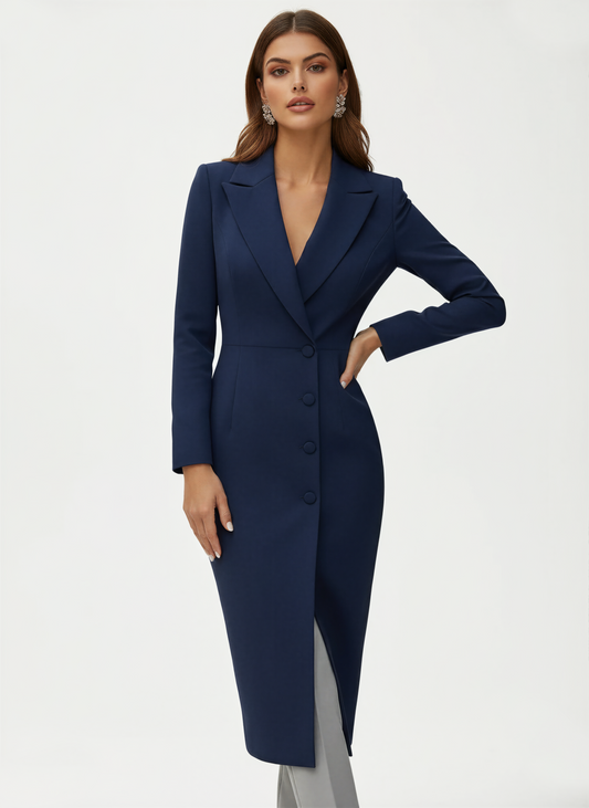 Tailored Notched Lapel Button Front Midi Dress