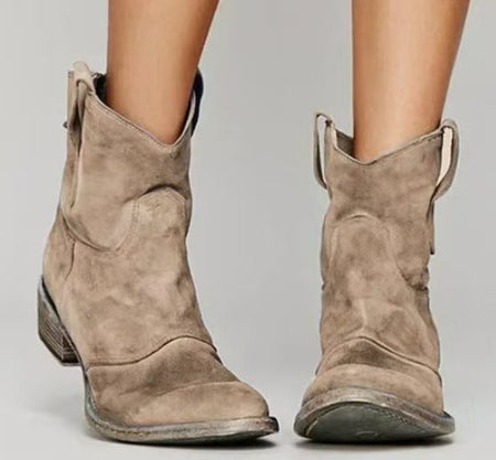 Women's Western Stitch Suede Ankle Boots with Block Heel
