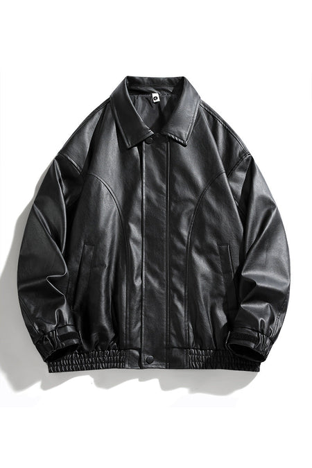 Men's Faux Leather Bomber Jacket with Elastic Hem