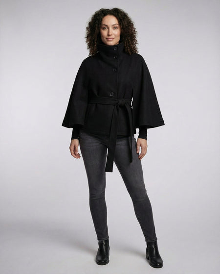 Women's Cape Jacket with Stand Collar and Tie Belt