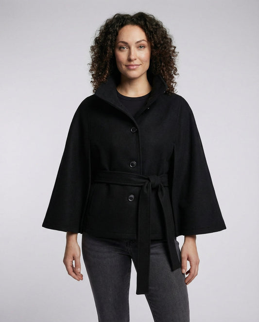 Women's Cape Jacket with Stand Collar and Tie Belt