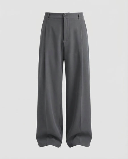 High-Waisted Wide Leg Pleated Polyester Trousers