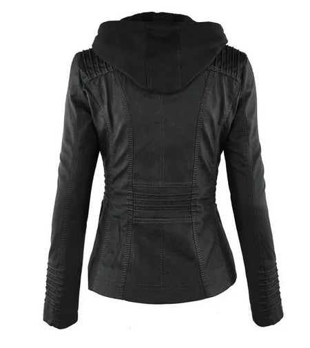 Women's Faux Leather Biker Jacket With Detachable Hood