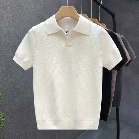 Textured Short Sleeve Open Collar Knit Polo Shirt