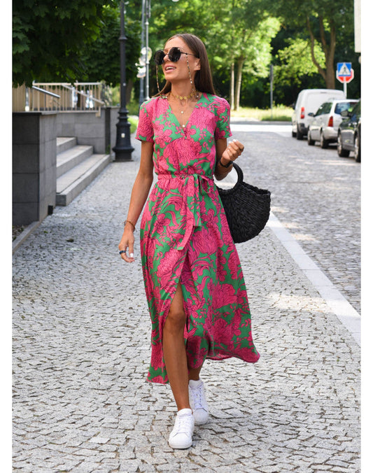 Floral V-Neck Wrap Relaxed Midi Dress