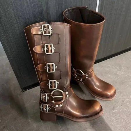 Women's Buckle Strap Mid Heel Western Boots