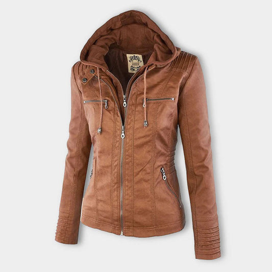 Women's Faux Leather Hooded Zip Jacket