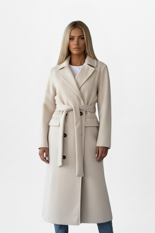 Long Belted Coat With Double-Breasted Front