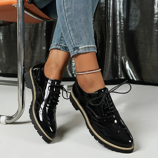 Women's Glossy Low Block Heel Brogue Shoes