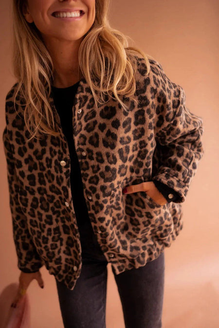 Women's Leopard Print Bomber Jacket with Snap Buttons