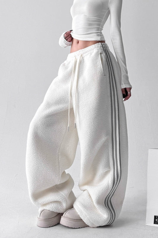Relaxed Wide-Leg Striped Plush Trousers