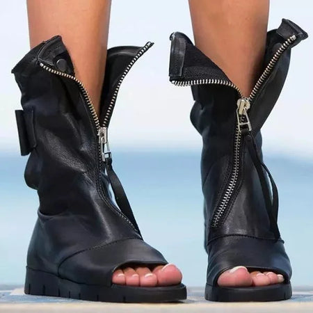 Women's Open Toe Flat Boots with Full Front Zip