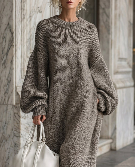 Chunky Ribbed Knit Oversized Maxi Dress With Balloon Sleeves