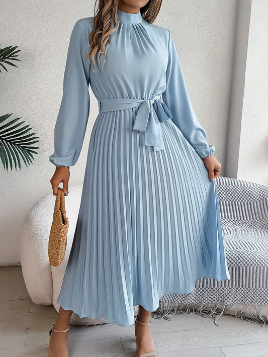 Long Sleeve Pleated Belted High Neck Midi Dress