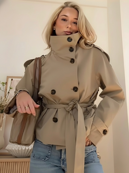 Women's Short Double-Breasted Jacket with Tie Belt