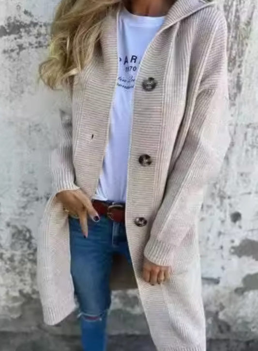 Women's Longline Ribbed Knit Hooded Cardigan Coat