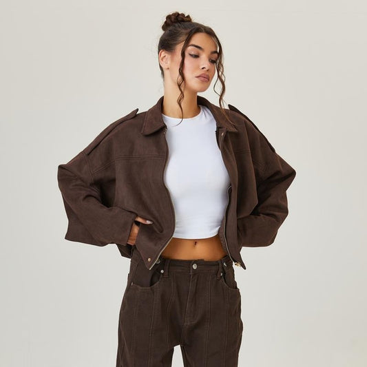 Women's Oversized Cropped Faux Suede Bomber Jacket