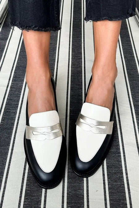 Women's Black and White Metallic Trim Loafers