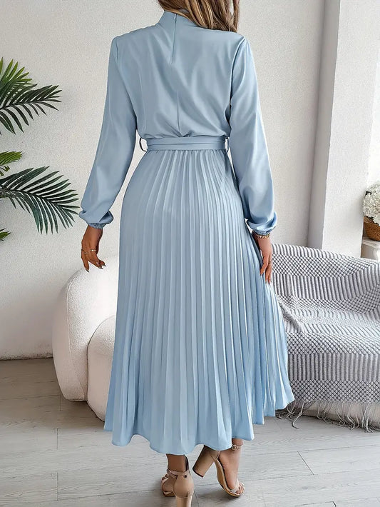 Pleated Midi Dress with Belted Waist and Long Sleeves