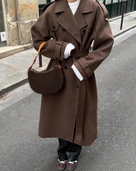Wool Blend Double Breasted Belted Long Coat