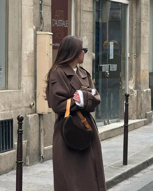 Wool Blend Double Breasted Belted Long Coat