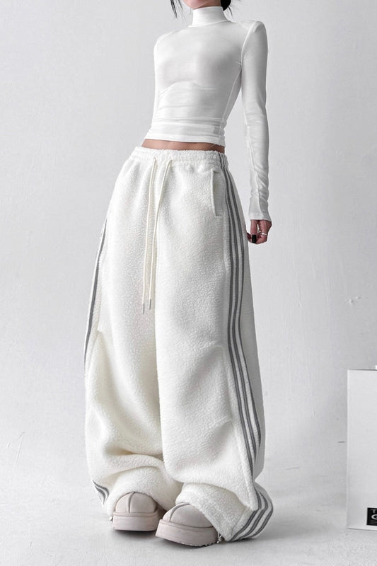 Relaxed Wide-Leg Striped Plush Trousers