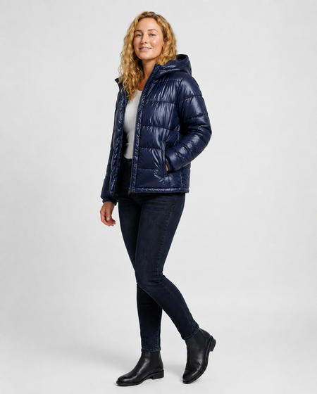 Short Hooded Puffer Jacket for Women with Glossy Finish